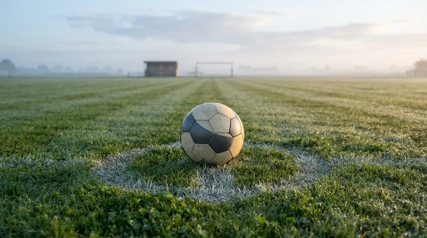 Ein einzelner Fussball liegt auf dem Anstosspunkt eines leeren Rasenplatzes am frühen Morgen, Tau glitzert auf dem Gras, die Tribüne liegt im Dunst.
