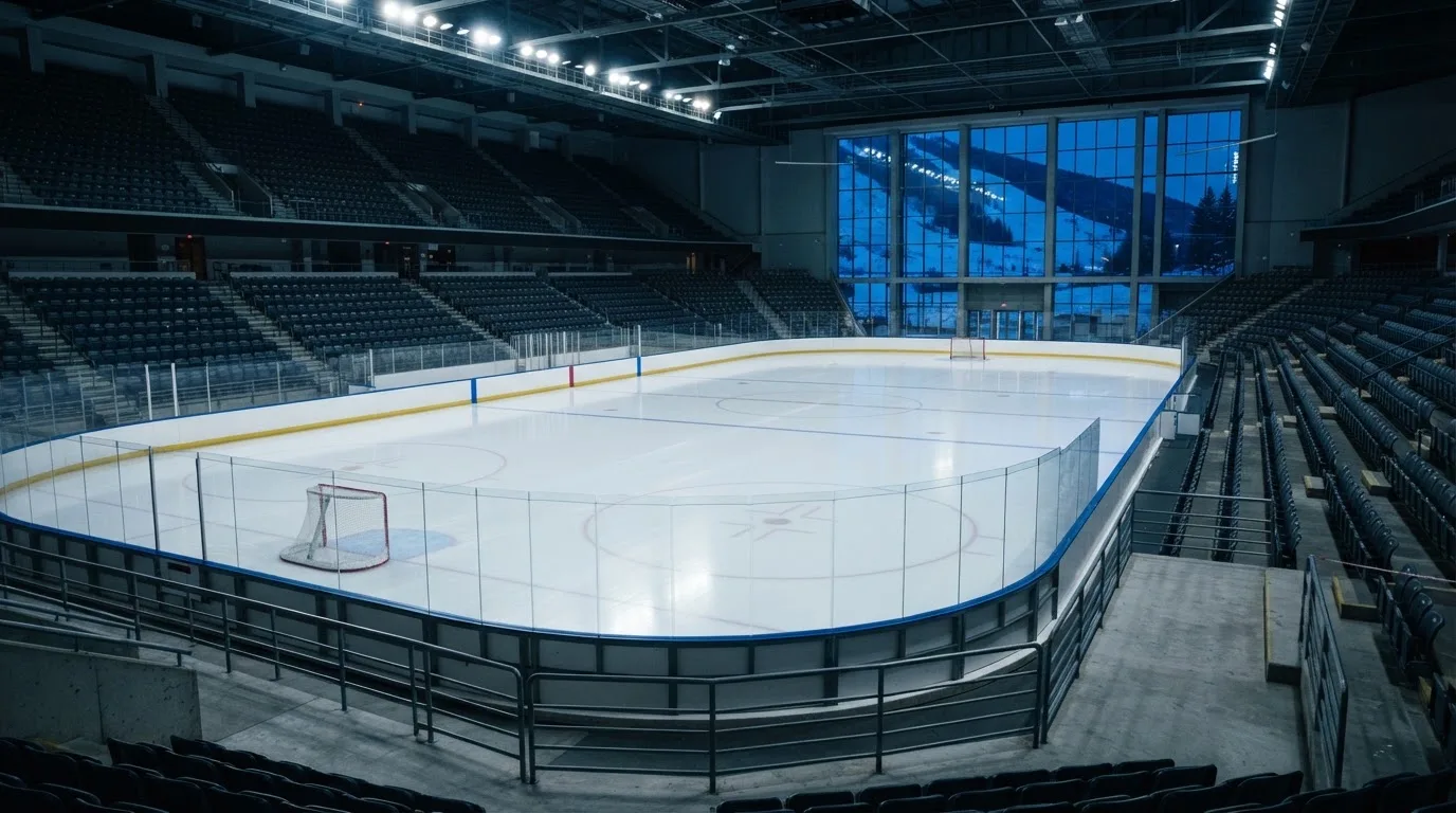 Eine Eishalle von Weitem unter Flutlicht, die leere Eisfläche glänzt, auf den Rängen sitzt niemand, draussen liegt Schnee.