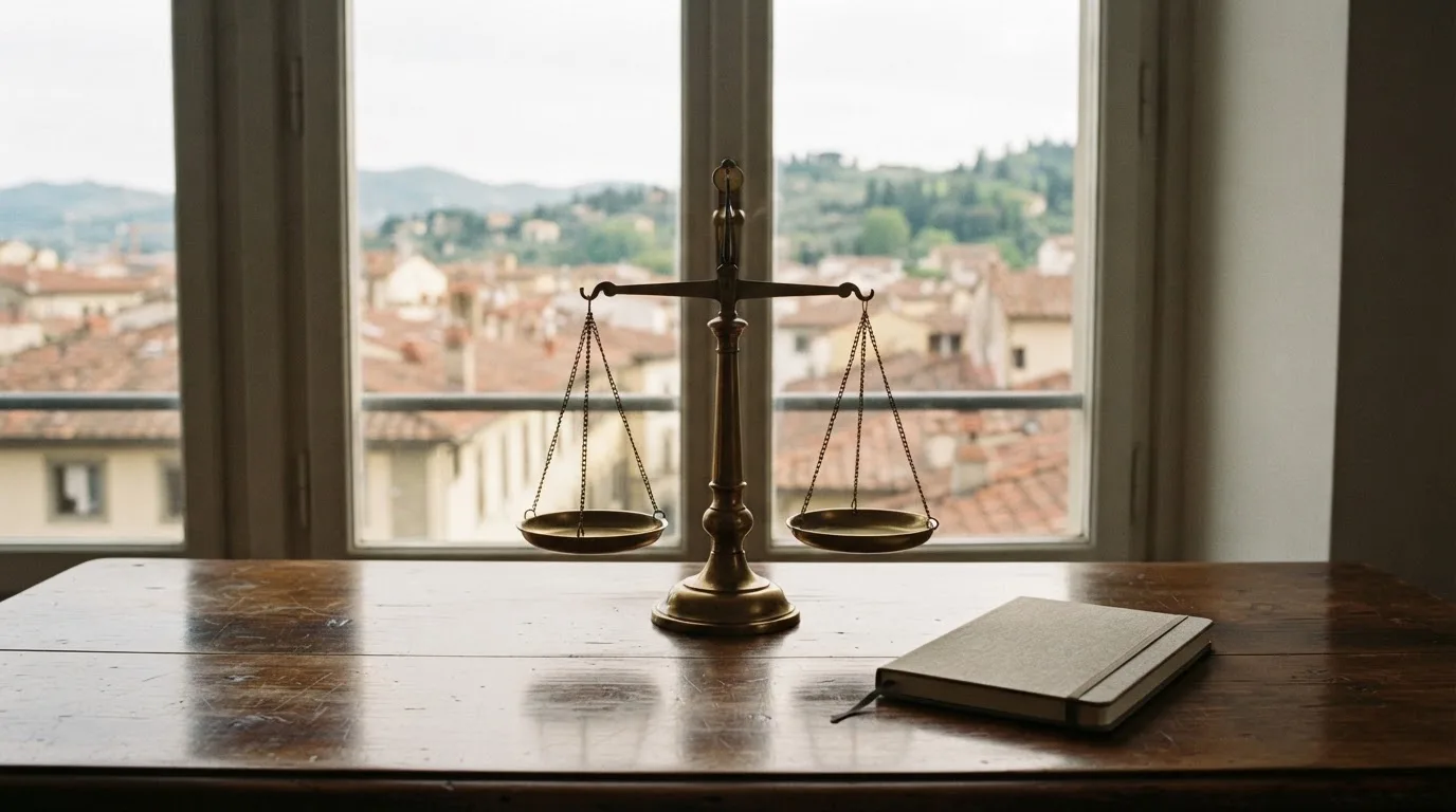 Eine Waage aus Messing steht auf einem polierten Schreibtisch vor einem Fenster mit Blick auf Dächer und sanfte Hügel.