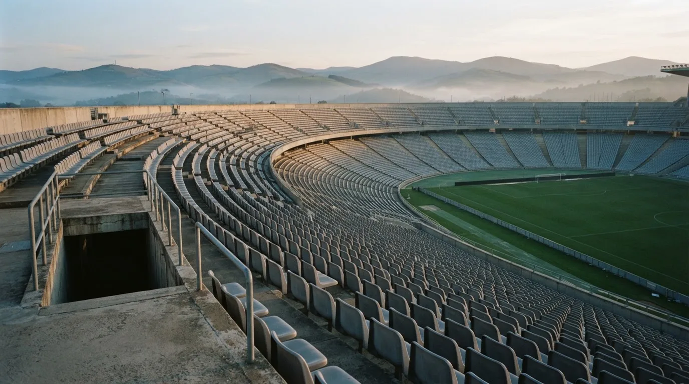 Ein leeres Stadion im Morgenlicht mit Blick auf die Sitzreihen, im Hintergrund Hügel und aufsteigender Nebel.