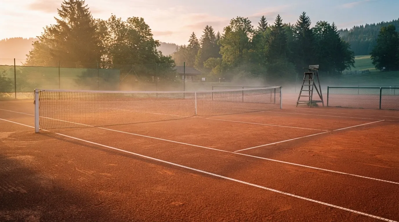 Ein Tennisplatz bei Sonnenaufgang, die Linien frisch gezogen, das Netz in der Mitte und Nebel über dem Boden.
