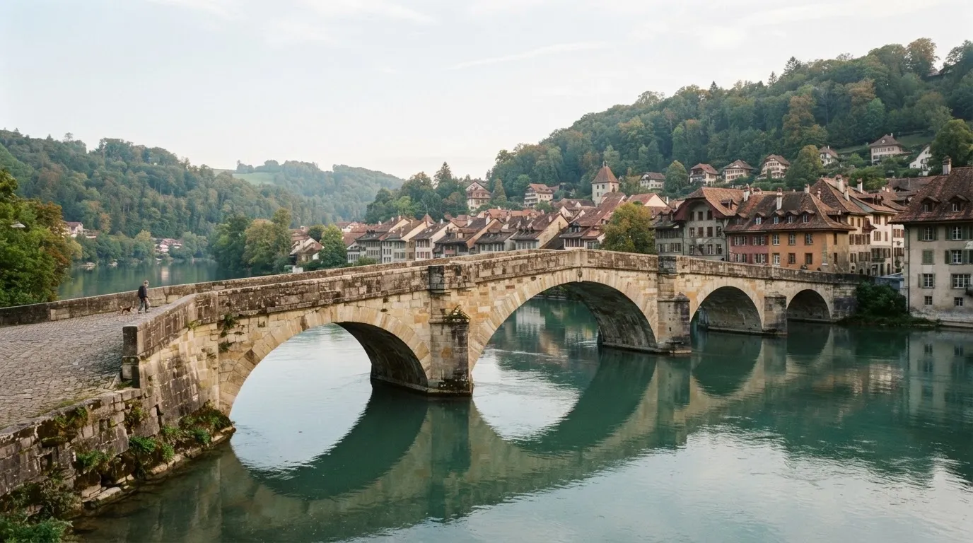 Eine alte Steinbrücke über einen ruhigen Fluss, dahinter Häuser mit Ziegeldächern und bewaldete Hügel.