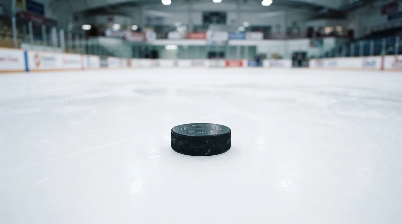 Ein Eishockeypuck liegt auf dem Eis, im Hintergrund unscharf die Bande unter hellem Hallenlicht.