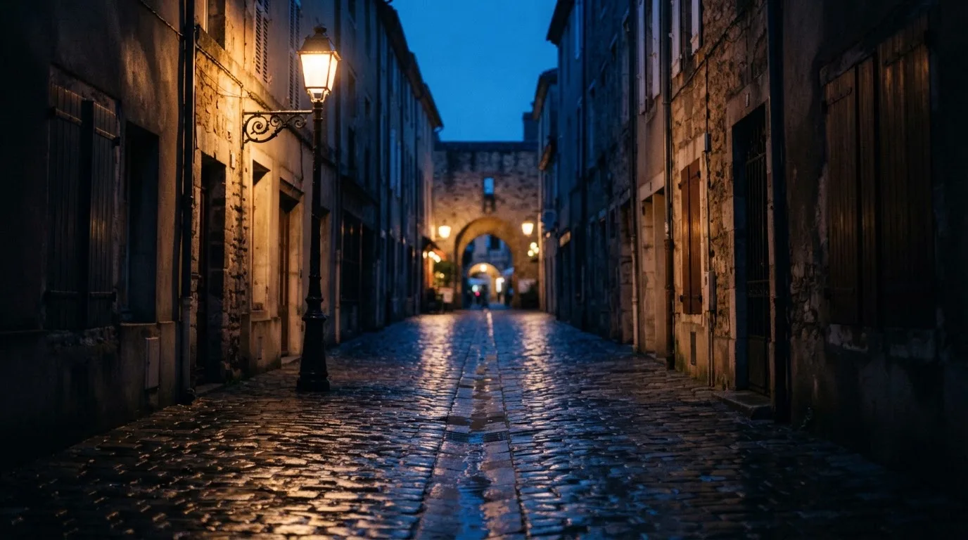 Eine Strassenlaterne in einer leeren Gasse am Abend, das nasse Kopfsteinpflaster spiegelt das warme Licht.