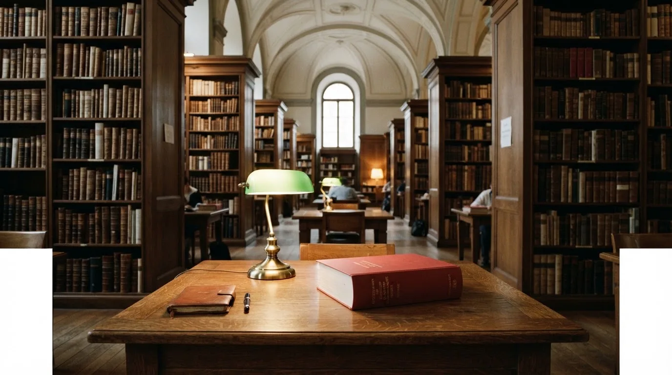 Eine Bibliothek mit hohen Holzregalen voller Bücher, im Vordergrund ein Lesetisch mit grüner Lampe.