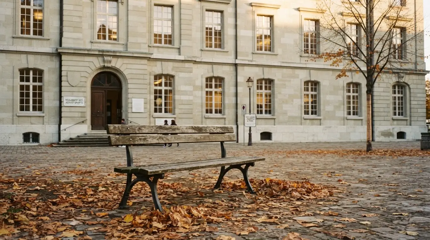 Eine Holzbank steht vor einem Verwaltungsgebäude aus Stein mit hohen Fenstern, Herbstlaub liegt auf dem Boden.