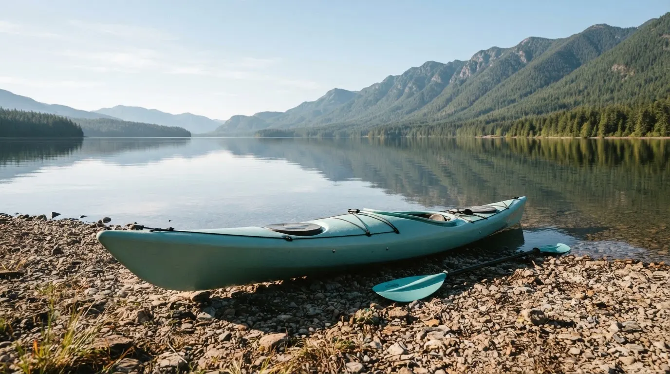 Ein Kajak liegt am Ufer eines Bergsees, daneben ein Paddel, das Wasser ist glatt und der Himmel klar.