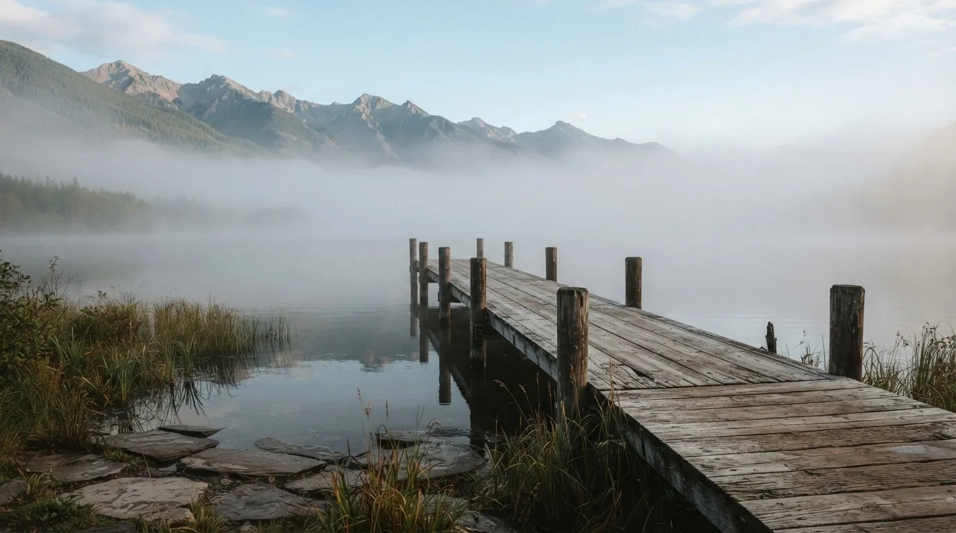 Ein Seeufer mit einem hölzernen Steg, Nebel liegt über dem Wasser, am anderen Ufer erheben sich Berge.