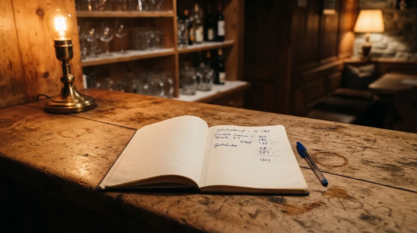 Ein alter Holztresen mit einem Notizbuch und einem Taschenrechner in warmem Lampenlicht, Regale im Hintergrund.