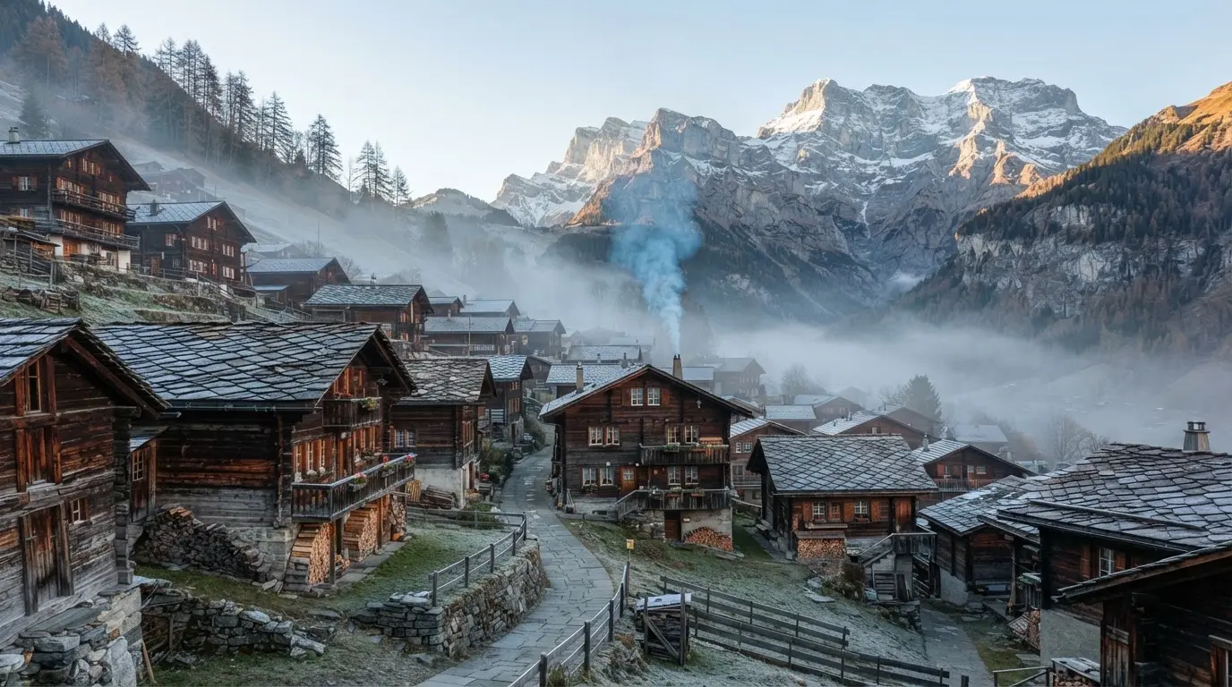 Ein Bergdorf mit Holzhäusern im Tal an einem klaren Morgen, über den Dächern liegen Nebelschwaden und Berggipfel.