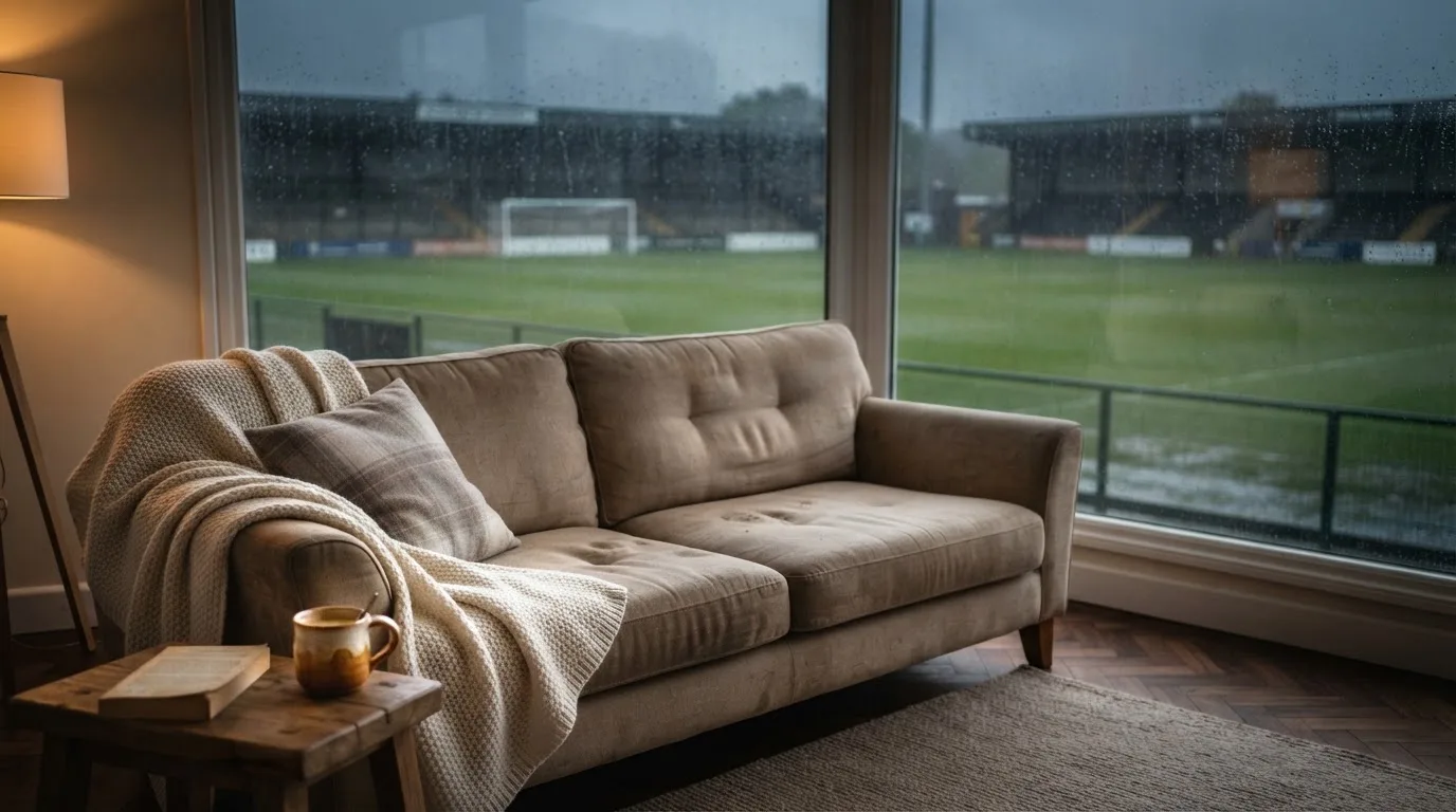 Ein Sofa mit Wolldecke steht vor einem grossen Fenster, draussen Regen und in der Ferne ein Fussballplatz.