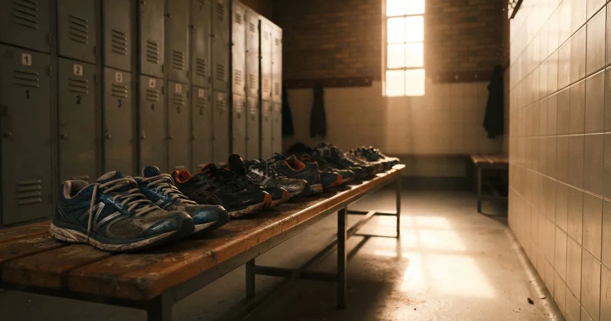 Eine Reihe Sportschuhe steht auf einer Bank in einer Umkleide, Licht fällt aus einem hohen Fenster.