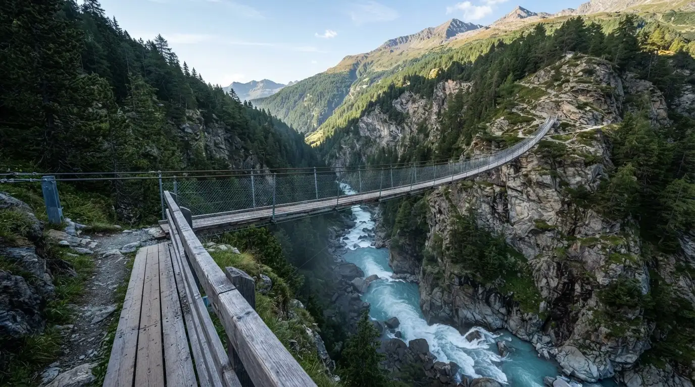 Eine Hängebrücke spannt sich über eine tiefe Schlucht, unten rauscht ein Fluss zwischen bewaldeten Felswänden.