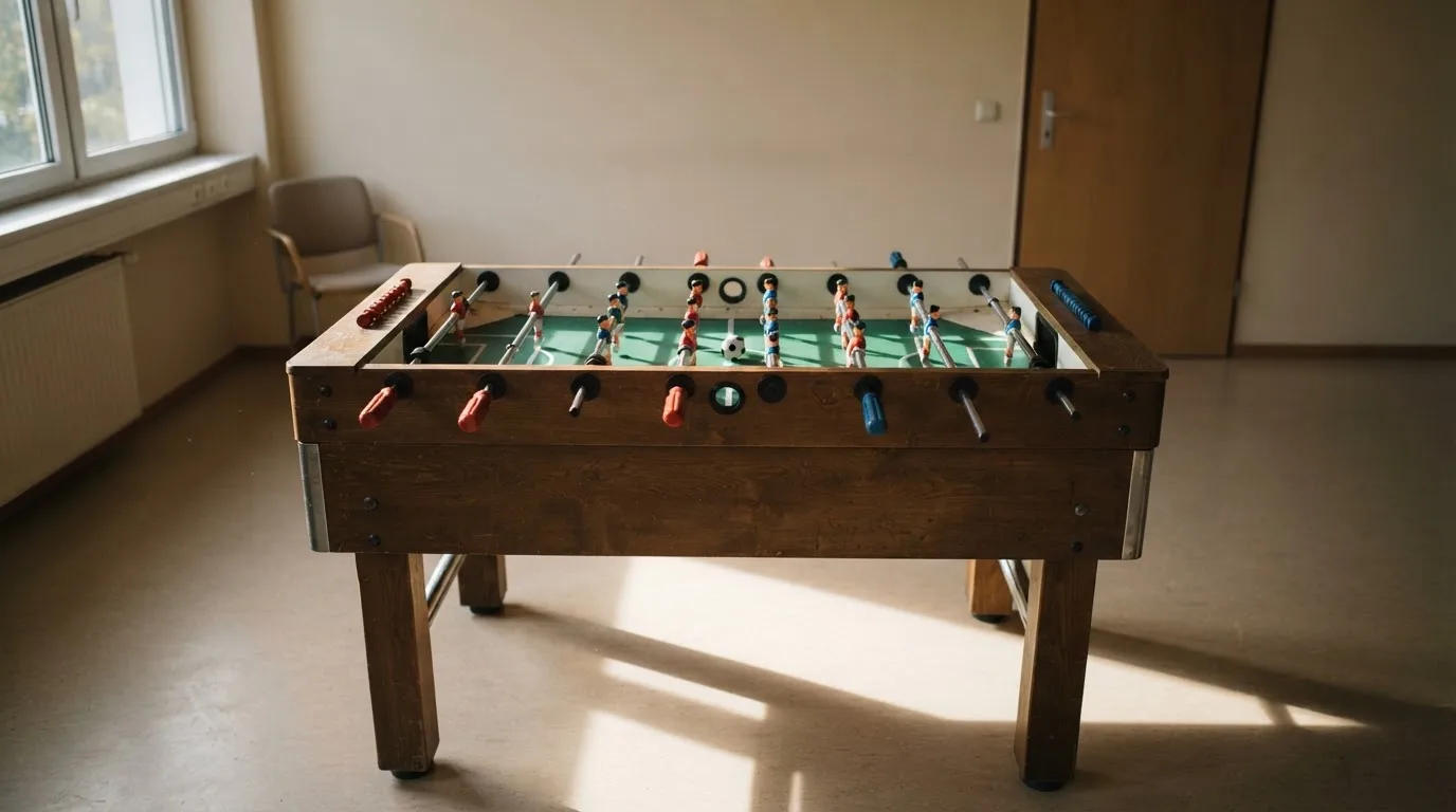 Ein Tischfussballtisch steht in einem leeren Aufenthaltsraum, Nachmittagslicht fällt durch ein Fenster.