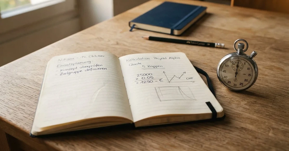 Ein aufgeschlagenes Notizbuch mit handschriftlichen Notizen und Skizzen liegt neben einer Stoppuhr auf einem Holztisch.