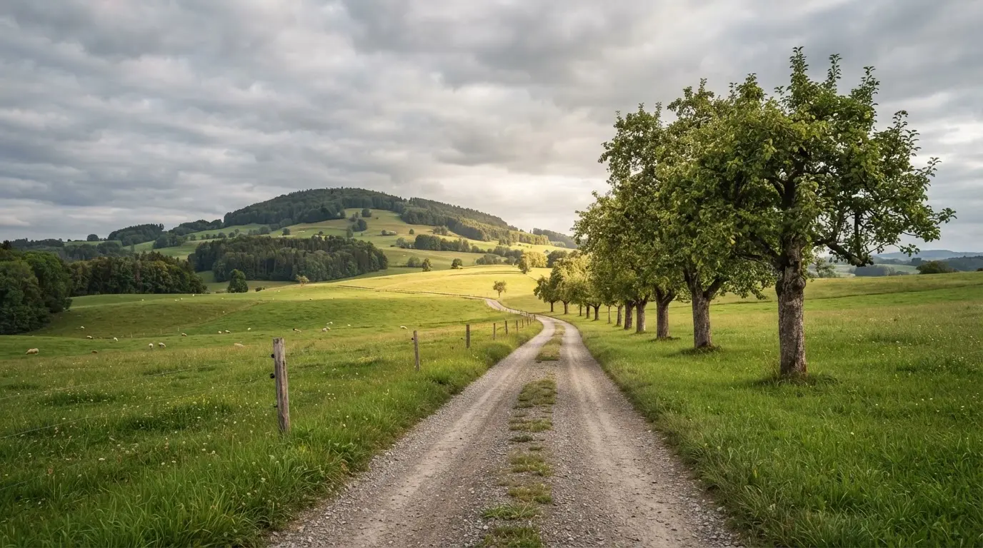 Ein Feldweg führt zwischen Wiesen zu einem Hügel, der Himmel ist bewölkt, am Wegrand stehen Obstbäume.