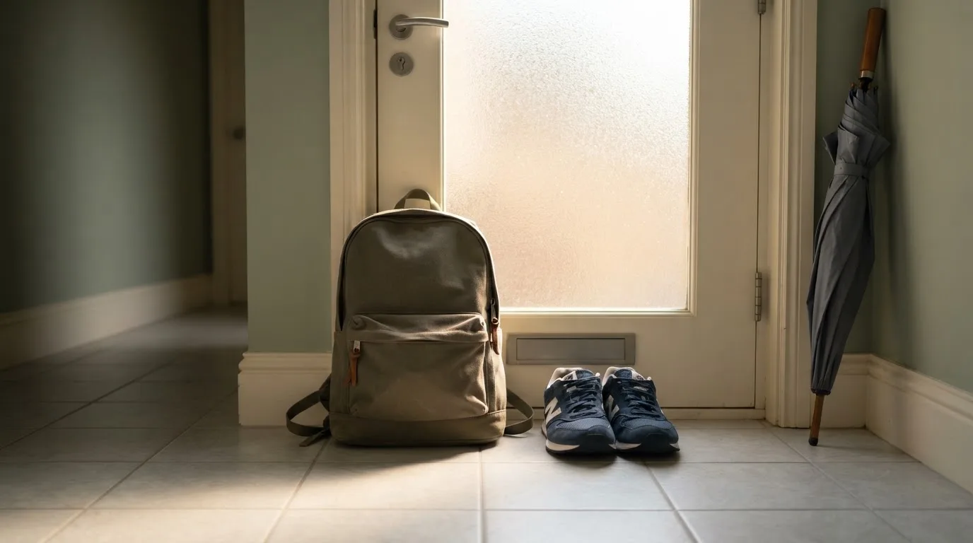 Ein Rucksack und Turnschuhe stehen an einer Haustür, daneben ein Regenschirm, durch das Glas fällt Morgenlicht.