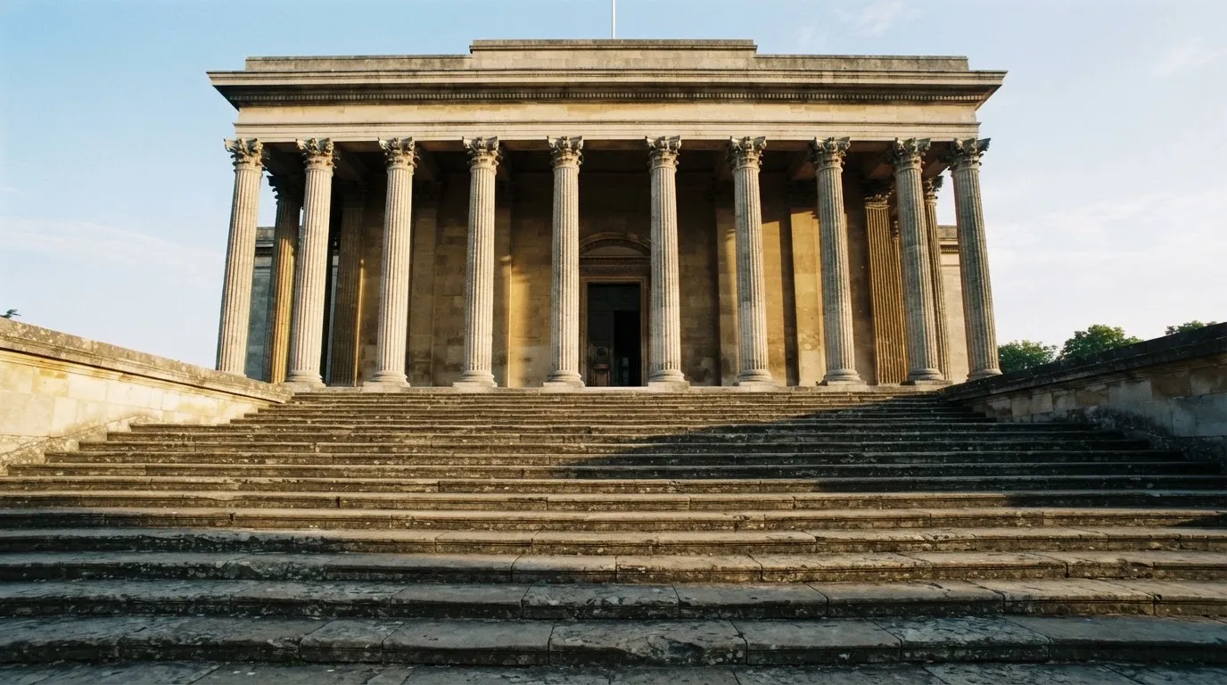 Eine breite Steintreppe führt zu einem Gebäude mit Säulen, die Morgensonne scheint, niemand ist zu sehen.