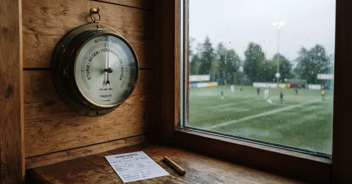 Ein Wetterbarometer hängt an einer Holzwand neben einem Fenster, draussen liegt ein nasser Fussballplatz im Regen.