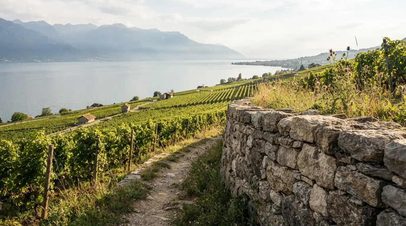 Eine Mauer aus Natursteinen am Wegrand, dahinter Weinberge, die zu einem See hinabführen.