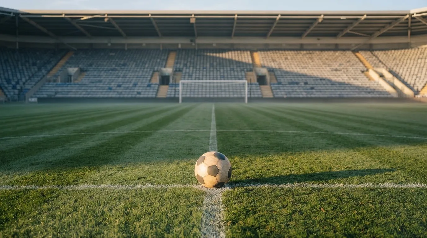 Ein Fussball liegt auf dem Anstosspunkt eines leeren Rasenplatzes im frühen Morgenlicht, dahinter erhebt sich eine menschenleere Tribüne.