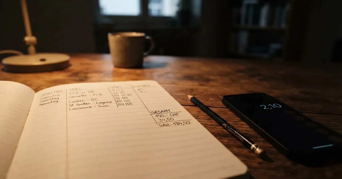 Ein aufgeschlagenes Notizbuch mit handschriftlichen Strichlisten und Spalten liegt neben einem Bleistift auf einem Holztisch im warmen Licht einer Schreibtischlampe.
