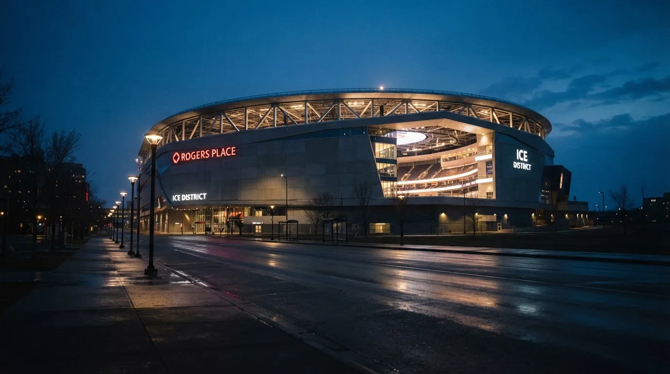Ein grosses Eisstadion aus der Ferne gesehen, hell erleuchtet von Flutlicht in der Abenddämmerung, davor eine leere Strasse.
