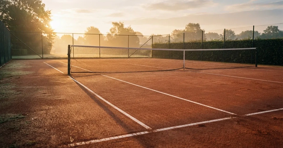 Ein Sandplatz für Tennis liegt bei Sonnenaufgang still da, das Netz wirft einen langen Schatten über die weissen Linien.