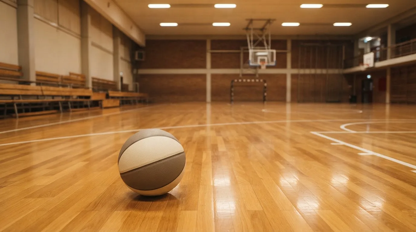 Ein Basketball liegt auf dem Parkett einer leeren Halle, von den Deckenlampen fällt gleichmässiges Licht auf den Boden.
