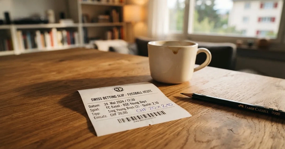 Ein leerer Wettschein aus Papier liegt auf einem Holztisch neben einem Bleistift und einem Kaffeebecher.