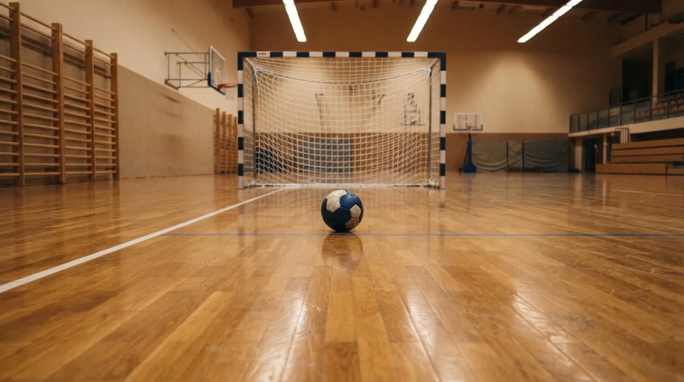 Ein Handballtor in einer leeren Sporthalle, der Ball liegt im Torraum und das Hallenlicht spiegelt sich im Parkett.