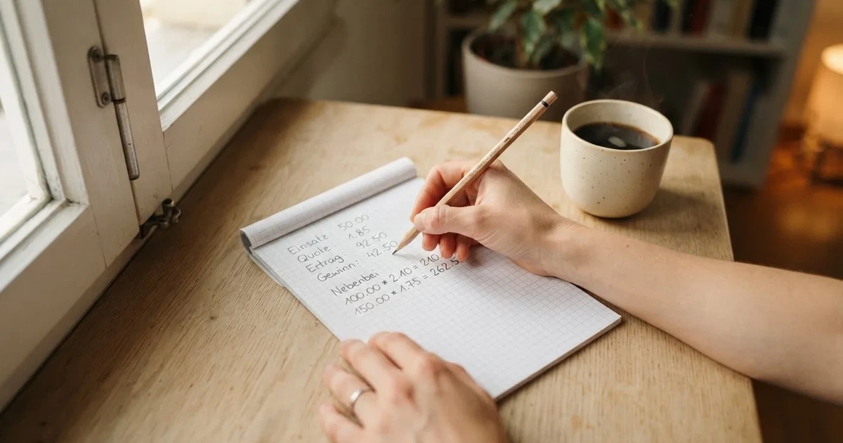 Ein Taschenrechner und ein Bleistift liegen auf kariertem Papier neben einer Tasse Kaffee, ein Fensterplatz mit Tageslicht.