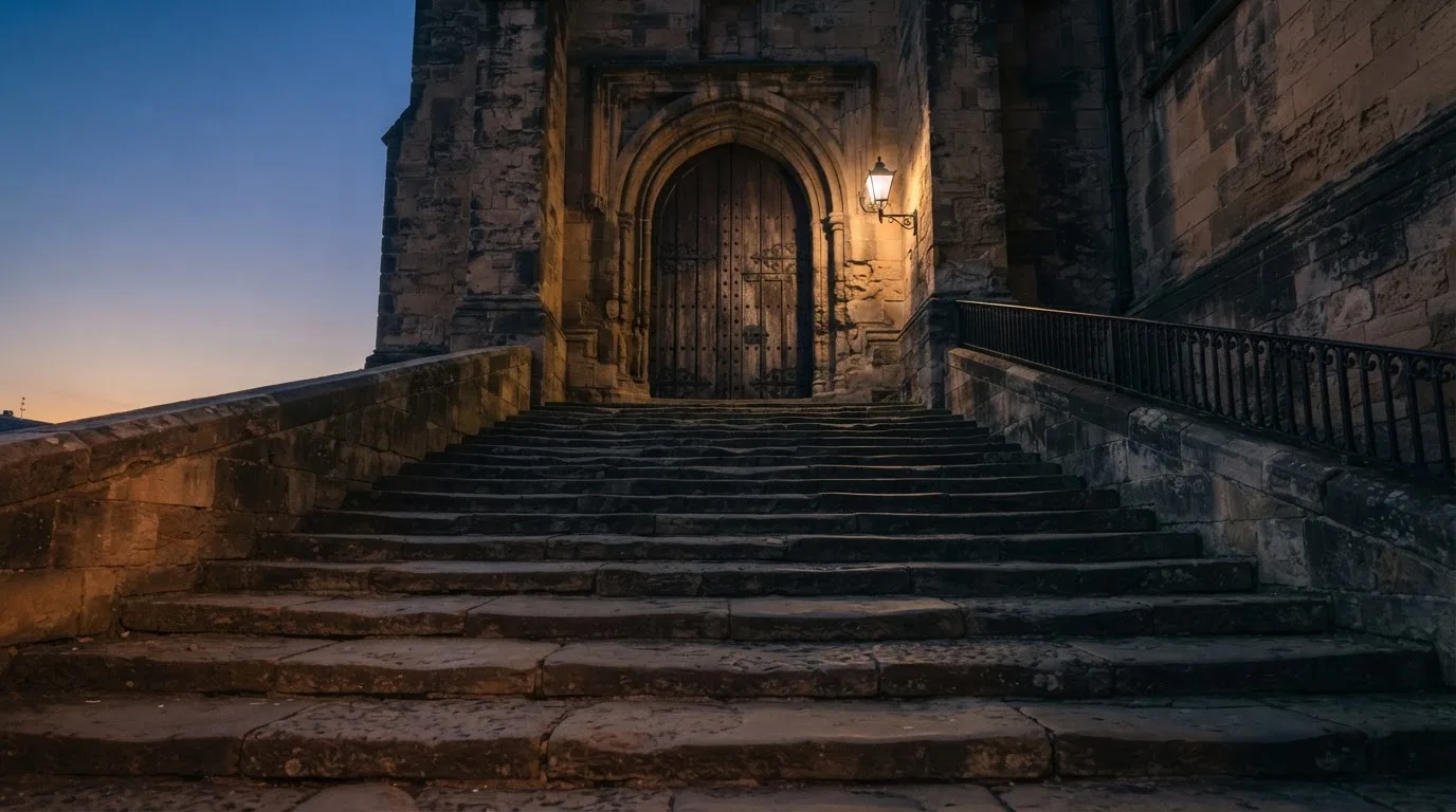 Eine breite Steintreppe führt zu einem hohen Portal aus dunklem Holz, das Licht der Dämmerung liegt auf den Stufen.