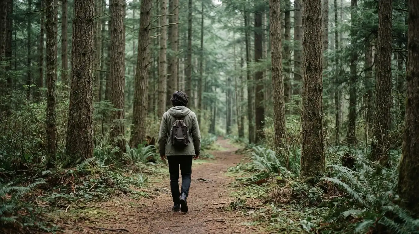 Eine Person von hinten auf einem Waldweg, die langsam zwischen hohen Tannen geht.