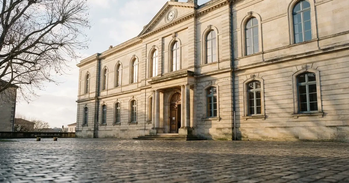 Die Fassade eines Sandsteingebäudes mit hohen Fenstern im weichen Licht des Vormittags, davor ein leerer Platz.