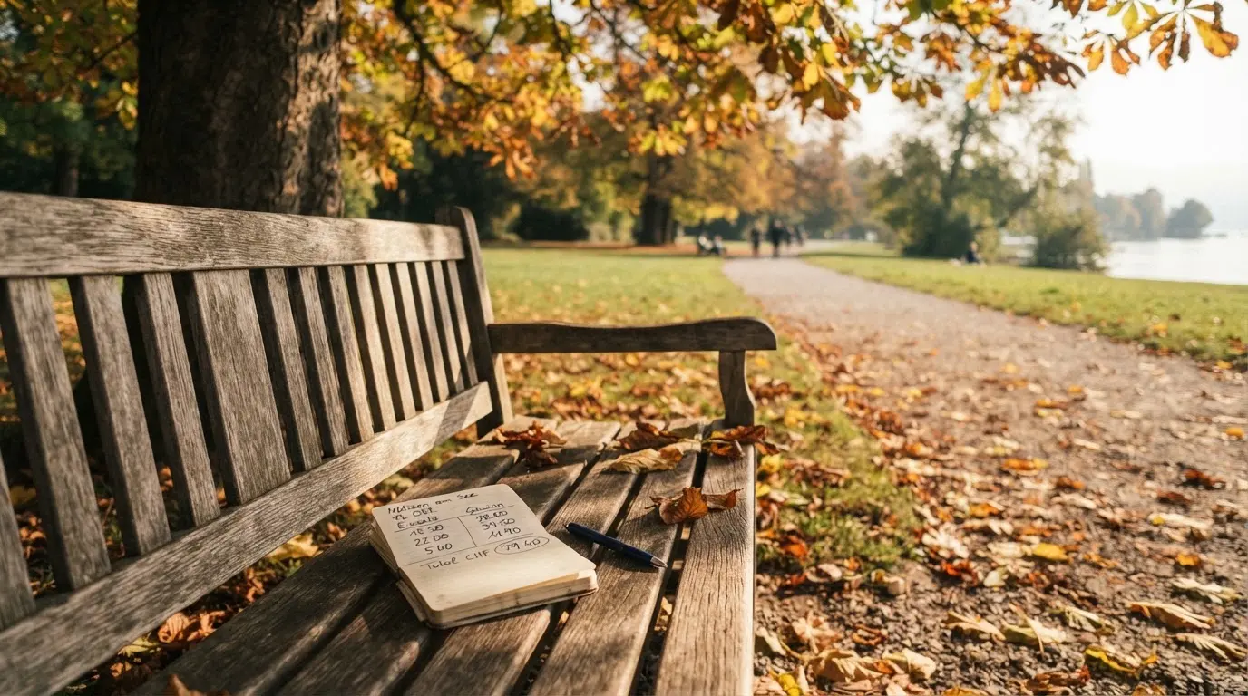Eine Parkbank unter einer Kastanie im Herbst, auf dem Kiesweg liegen gelbe Blätter.
