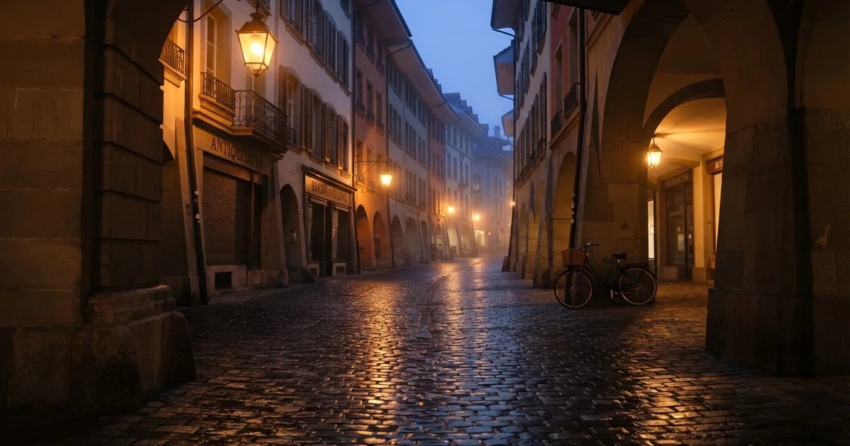 Eine menschenleere Altstadtgasse mit steinernen Laubengängen im Abendlicht, die Laternen brennen schon und das Pflaster glänzt feucht.