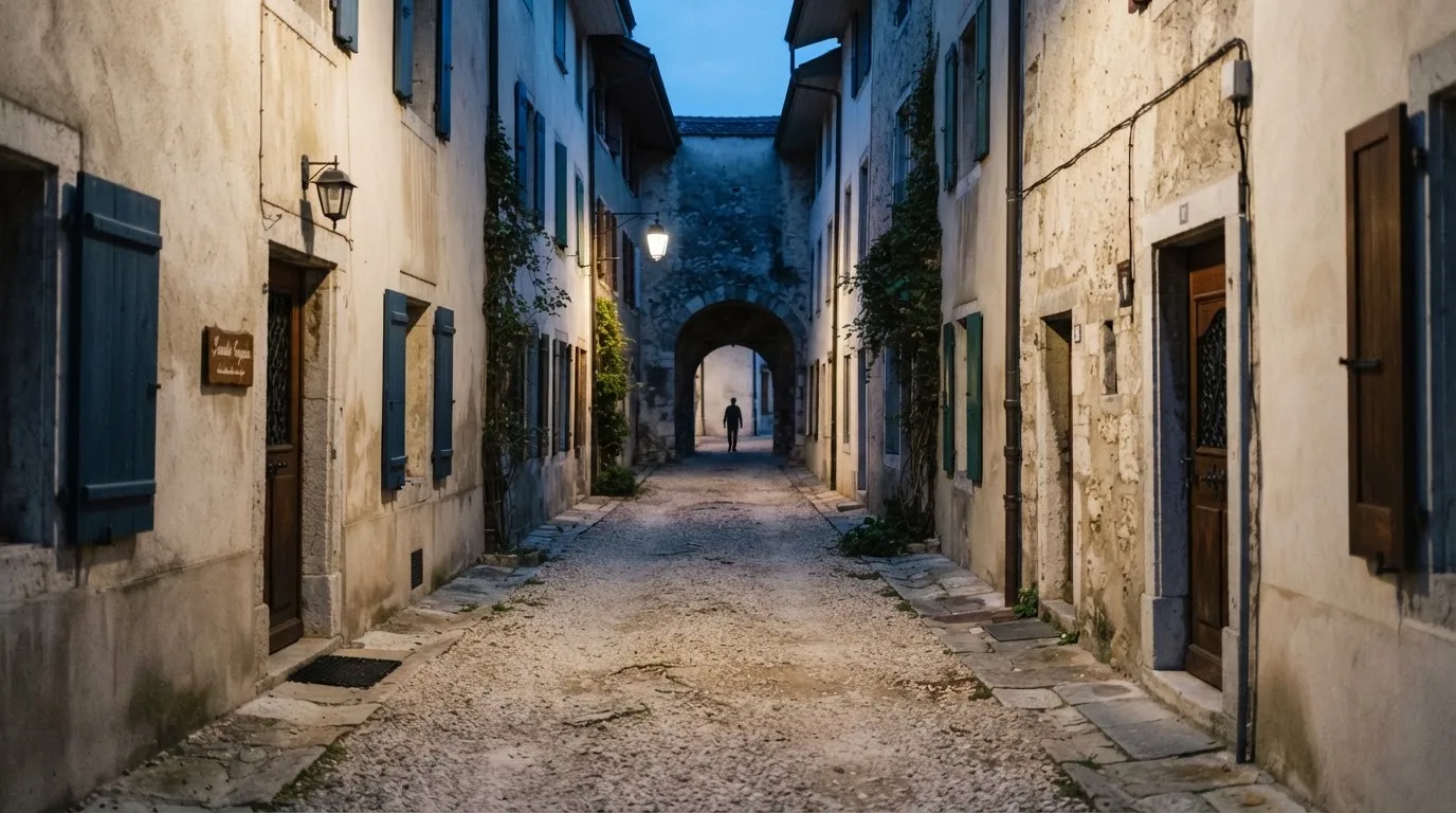Ein schmaler Kiesweg führt zwischen zwei hellen Mauern durch eine Schweizer Altstadt, die Laternen sind noch nicht angezündet.