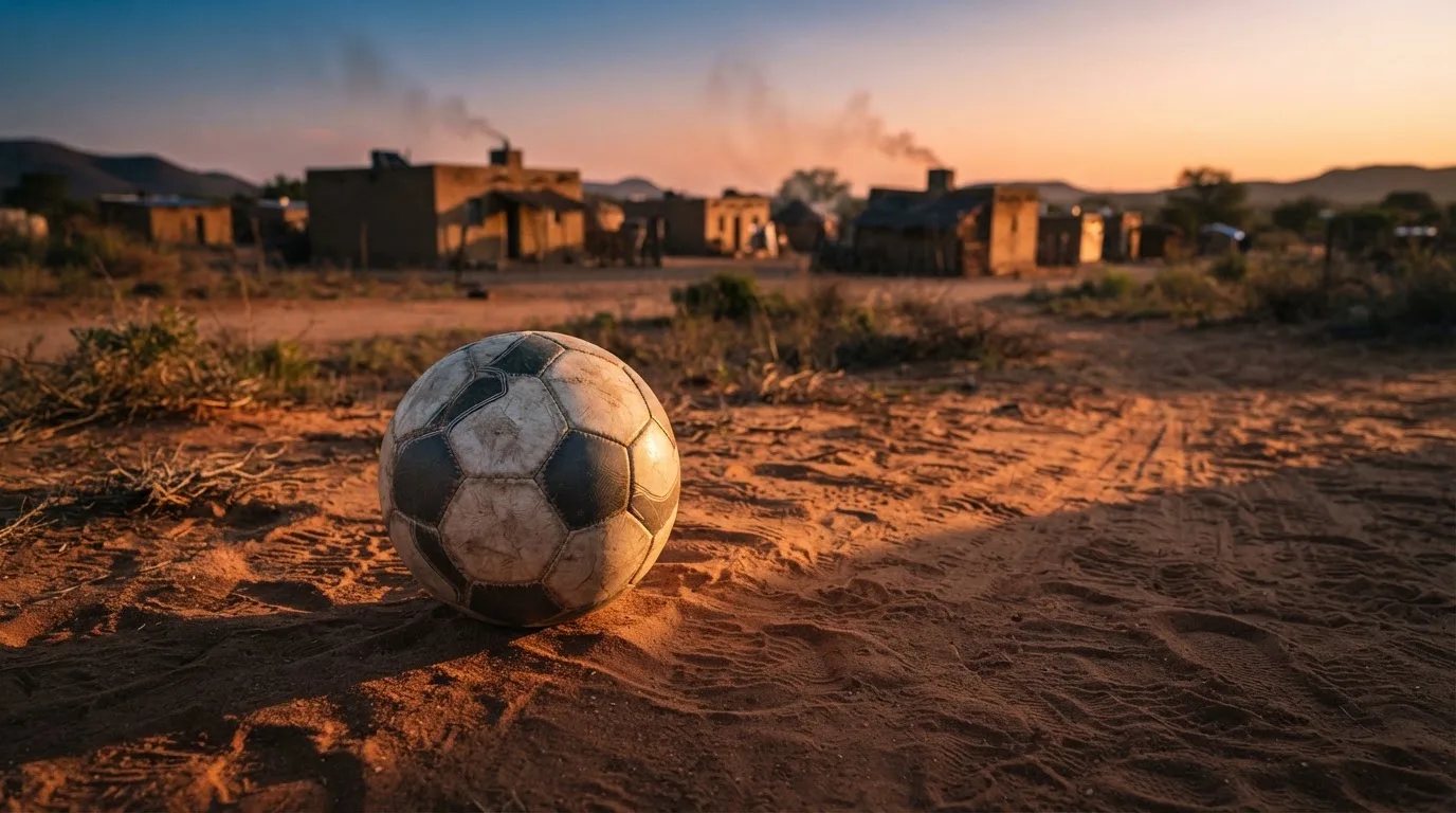 Ein Fussball liegt auf rotbraunem Sand am Rand eines Dorfes, die Abendsonne wirft lange Schatten.