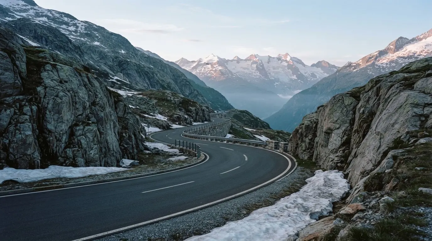 Ein Bergpass in den Schweizer Alpen mit leerer Strasse und Schneeresten am Rand im ersten Frühlicht.
