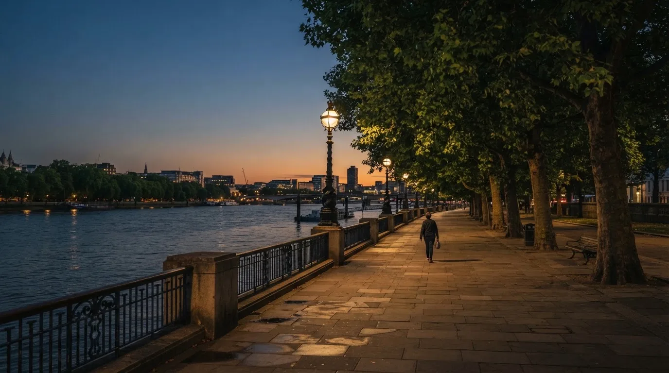 Eine Rheinpromenade mit hohen Bäumen am Abend, das Wasser spiegelt das Licht der ersten Laternen.