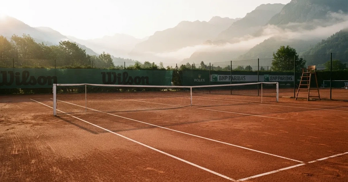 Ein Sandplatz im ersten Morgenlicht, die Linien sind frisch gezogen, das Netz bewegt sich leicht im Wind, Berge im Dunst.