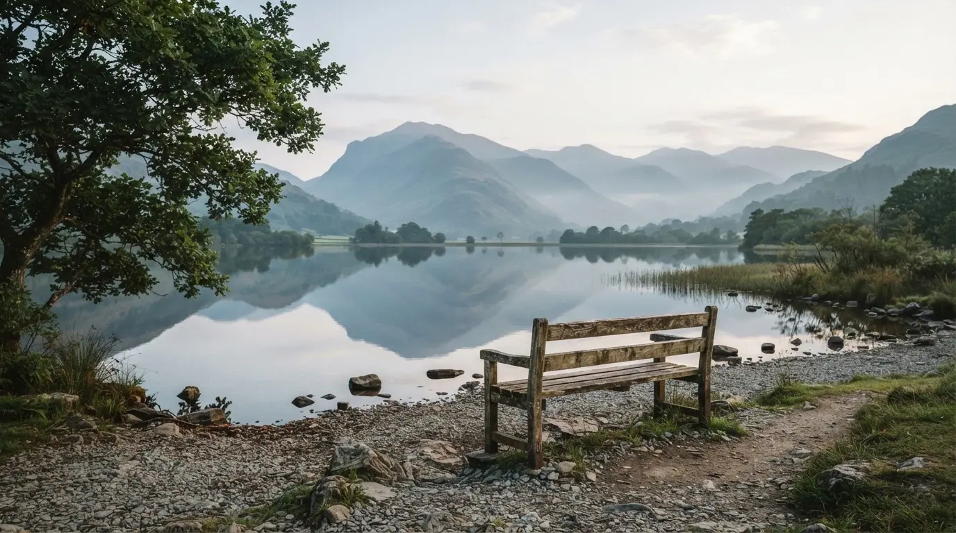 Eine Holzbank an einem Seeufer mit Blick auf eine Bergkette im Morgendunst, das Wasser ist spiegelglatt.