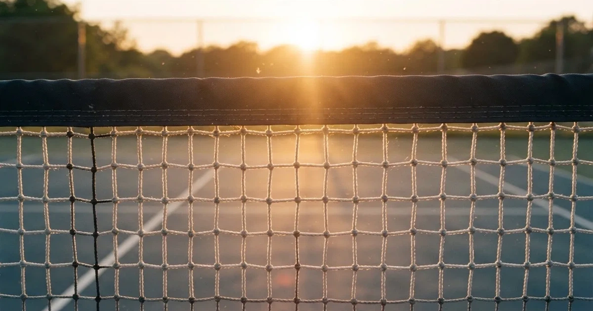 Ein Tennisnetz in Nahaufnahme im Gegenlicht der tiefstehenden Sonne, feine Staubkörner schweben über dem Platz.
