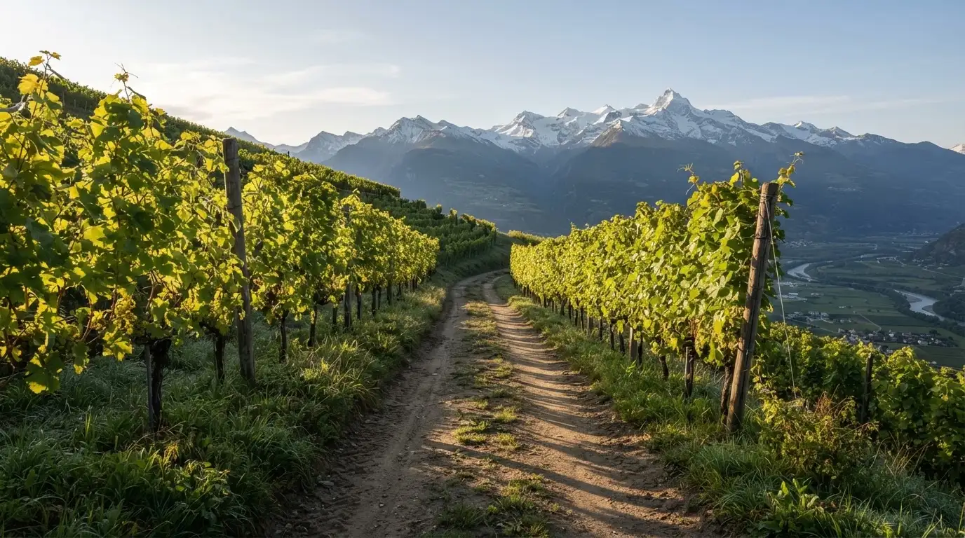 Ein Feldweg zwischen Weinreben im Wallis bei Sonnenaufgang, im Hintergrund hohe Berge und klare Luft.