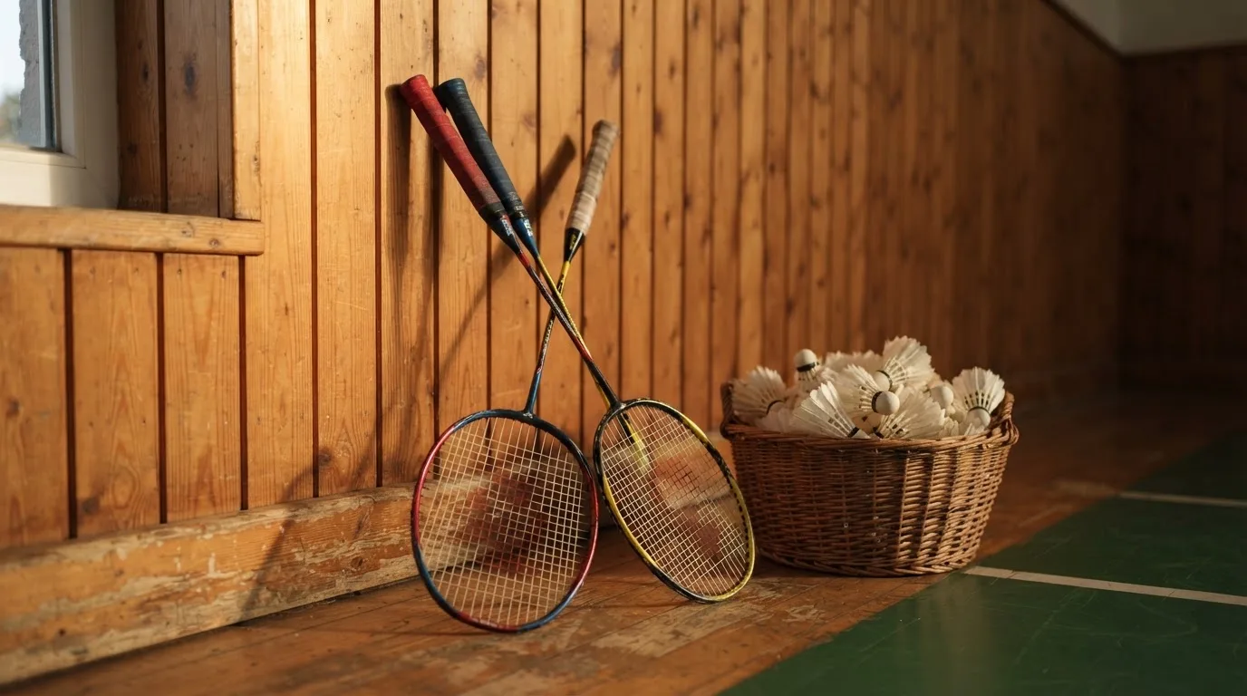 Zwei Badmintonschläger lehnen gekreuzt an einer Hallenwand aus Holz, daneben steht ein Korb mit Federbällen.