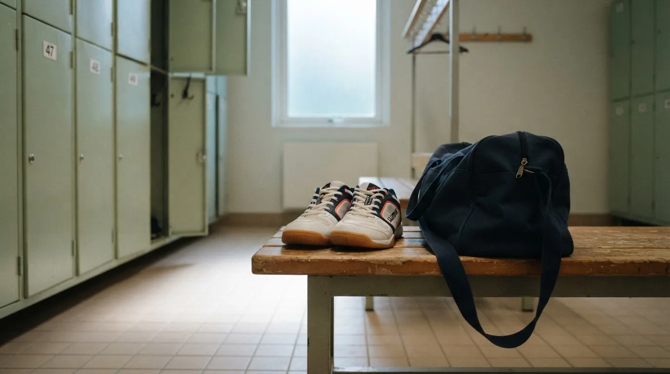 Ein Paar Hallenschuhe steht ordentlich neben einer Sporttasche auf einer Bank in einer leeren Garderobe, ein Fenster lässt Morgenlicht herein.
