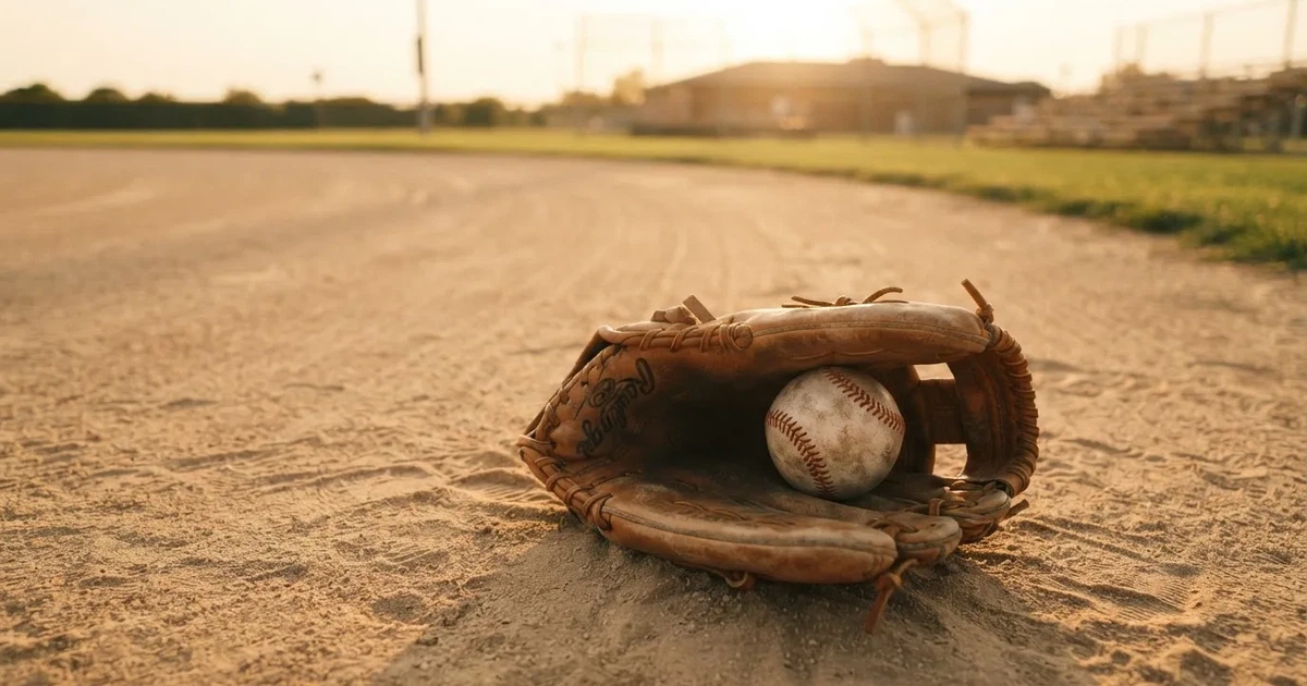 Ein Lederhandschuh und ein Ball liegen auf dem Sandboden eines leeren Spielfelds, die tiefstehende Sonne wirft lange Schatten.