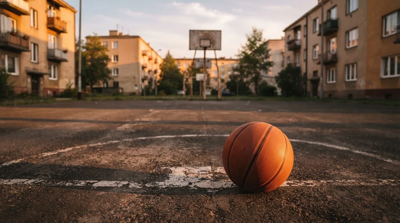 Ein Basketball liegt auf einem Asphaltplatz in einem Hinterhof zwischen Wohnblöcken, das Abendlicht färbt die Wände warm.