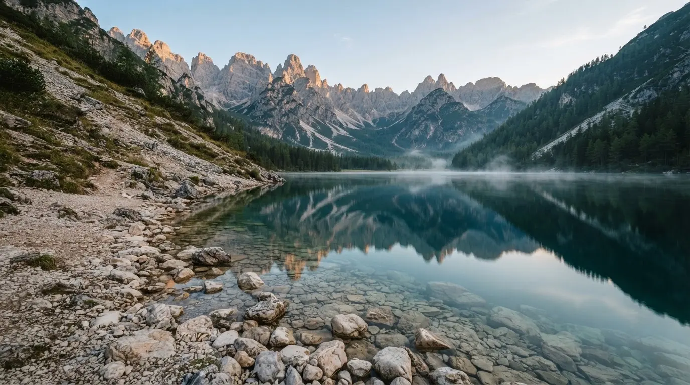 Ein Bergsee mit ruhigem Wasser und Gipfeln im Morgenlicht, am Ufer liegen glatte Steine.